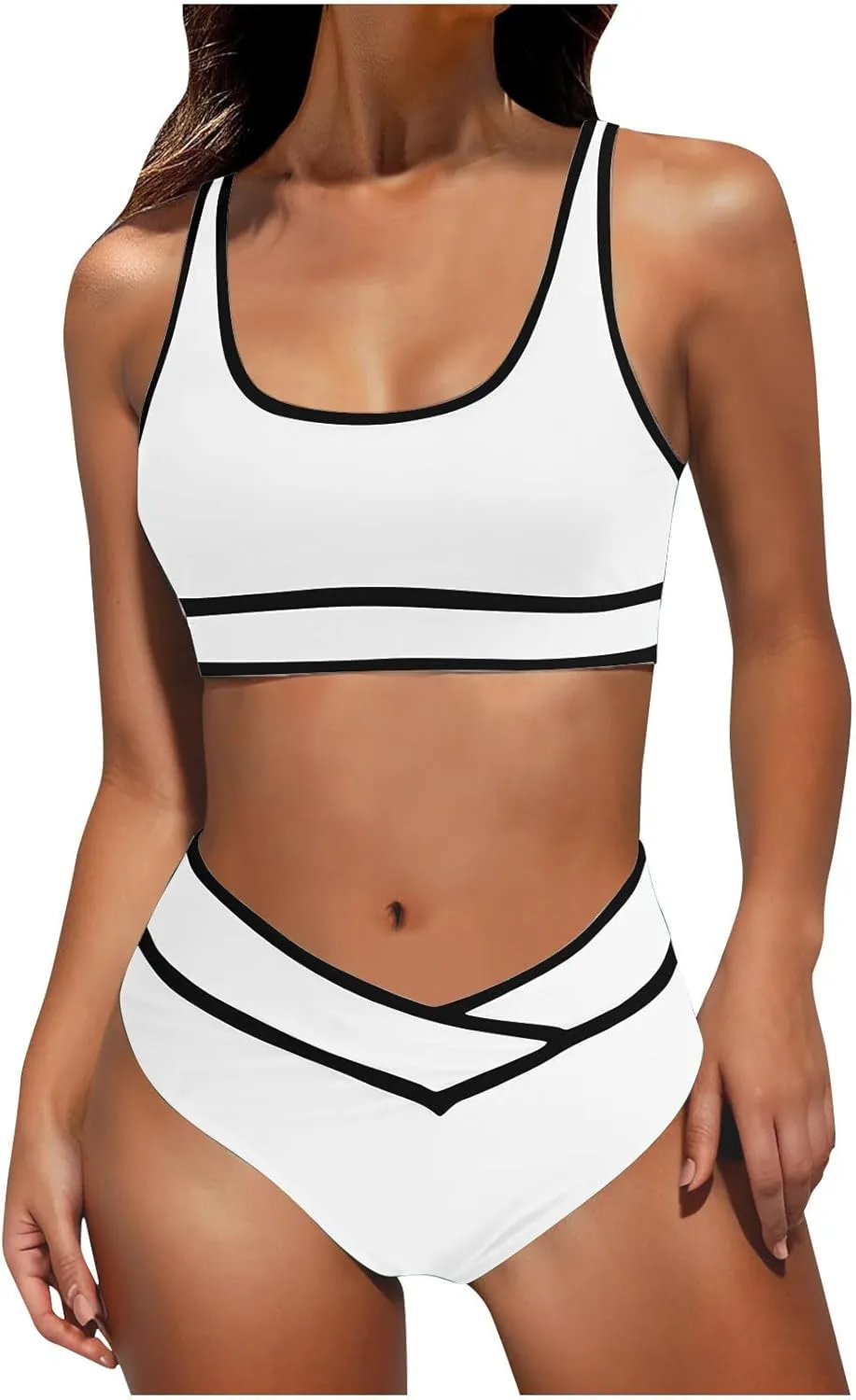High Waisted Bikini Sets for Women 2025 Summer Tummy Control Color Block Bathing Suit Sporty Two Piece Swimsuits