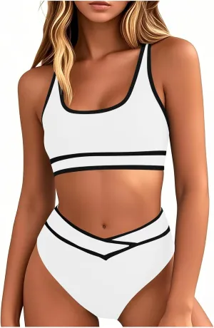 High Waisted Bikini Sets for Women 2025 Summer Tummy Control Color Block Bathing Suit Sporty Two Piece Swimsuits