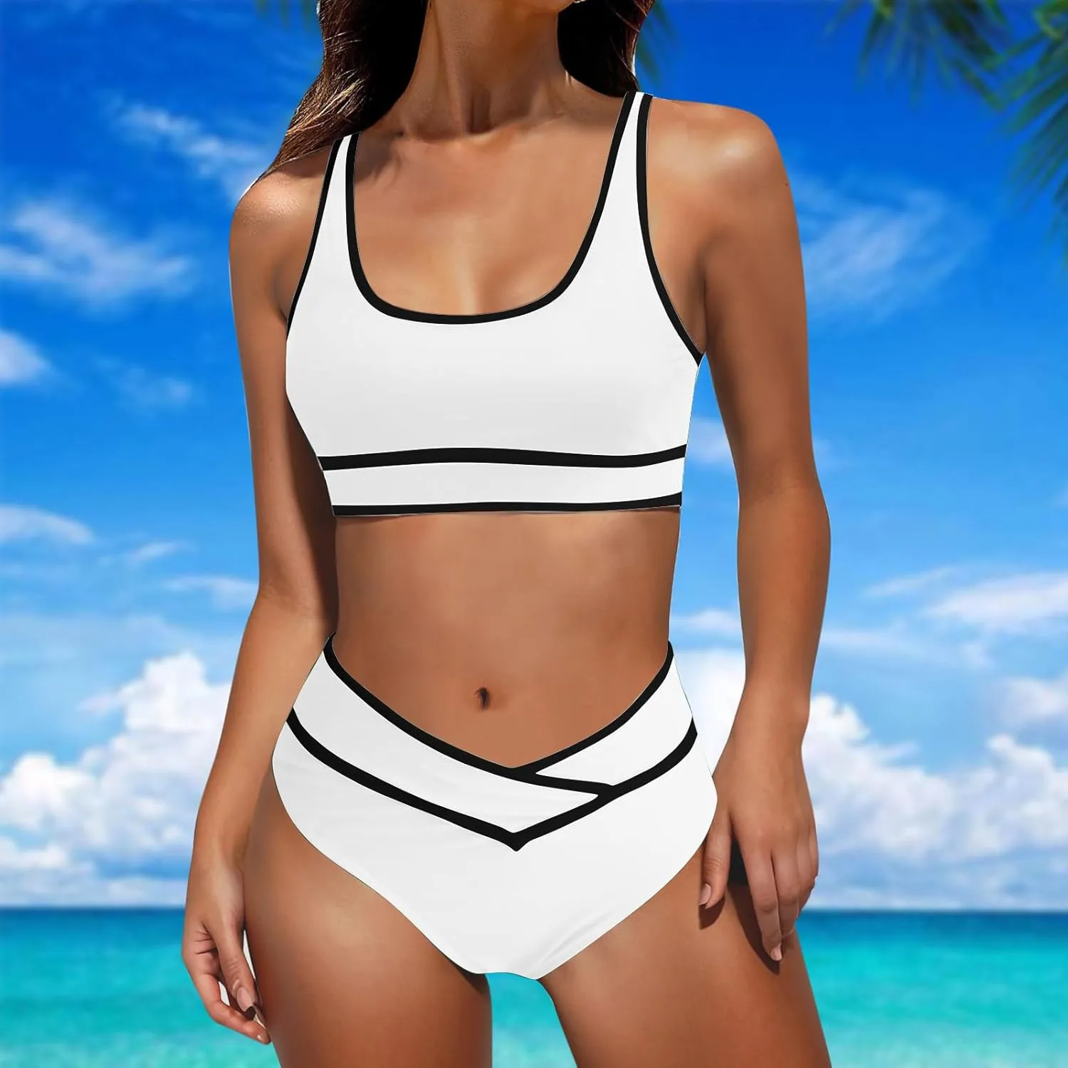 High Waisted Bikini Sets for Women 2025 Summer Tummy Control Color Block Bathing Suit Sporty Two Piece Swimsuits