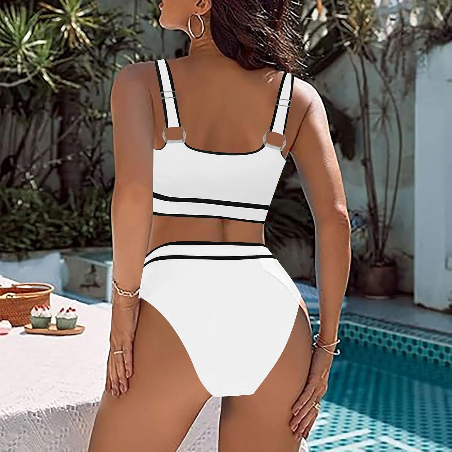 High Waisted Bikini Sets for Women 2025 Summer Tummy Control Color Block Bathing Suit Sporty Two Piece Swimsuits