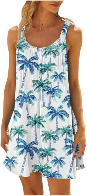 hlysgo Beach Dresses for Women 2025 Vacation Summer Sleeveless Mini Sundresses Trendy Floral Printed Swimsuit Coverup Dress
