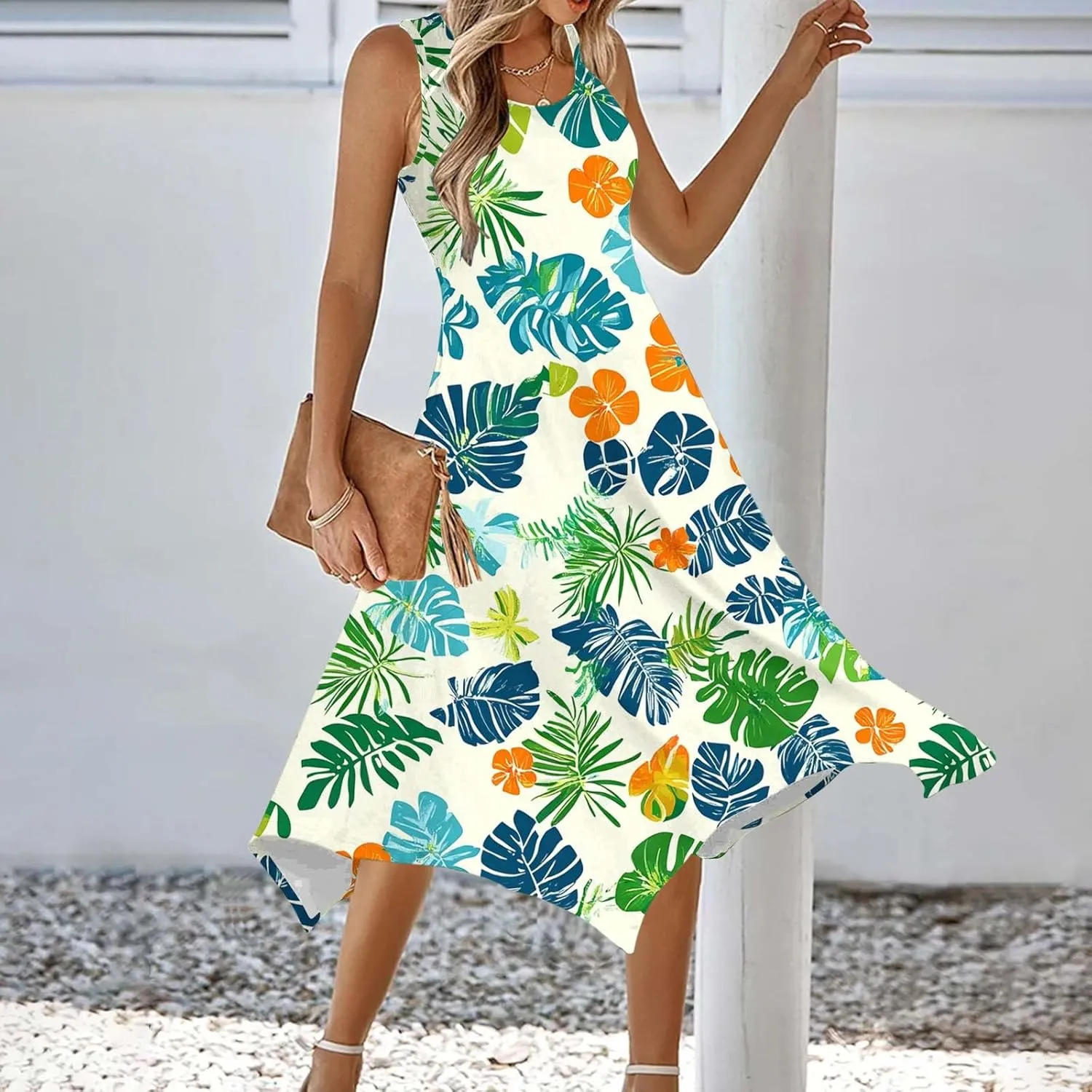 hlysgo Midi Dresses for Women Summer Sleeveless Boho Beach Coverup Dress Casual Loose Fit A-Line Flowy Vacation Sundress