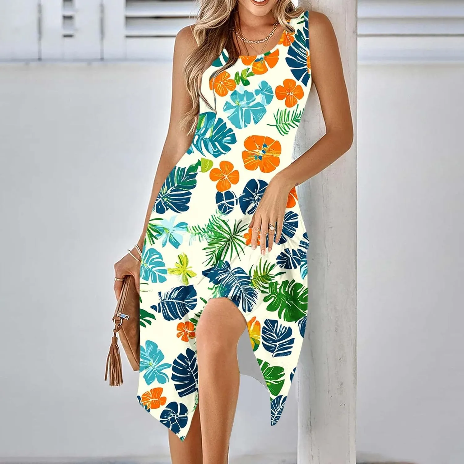 hlysgo Midi Dresses for Women Summer Sleeveless Boho Beach Coverup Dress Casual Loose Fit A-Line Flowy Vacation Sundress
