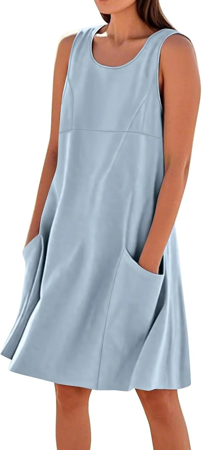 hlysgo Mini Dresses for Women 2025 Summer Sleeveless Cotton Linen Beach Dress Casual Loose Fit Coverup Sundress with Pockets