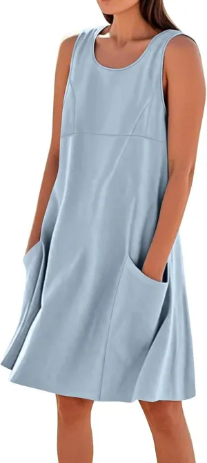 hlysgo Mini Dresses for Women 2025 Summer Sleeveless Cotton Linen Beach Dress Casual Loose Fit Coverup Sundress with Pockets