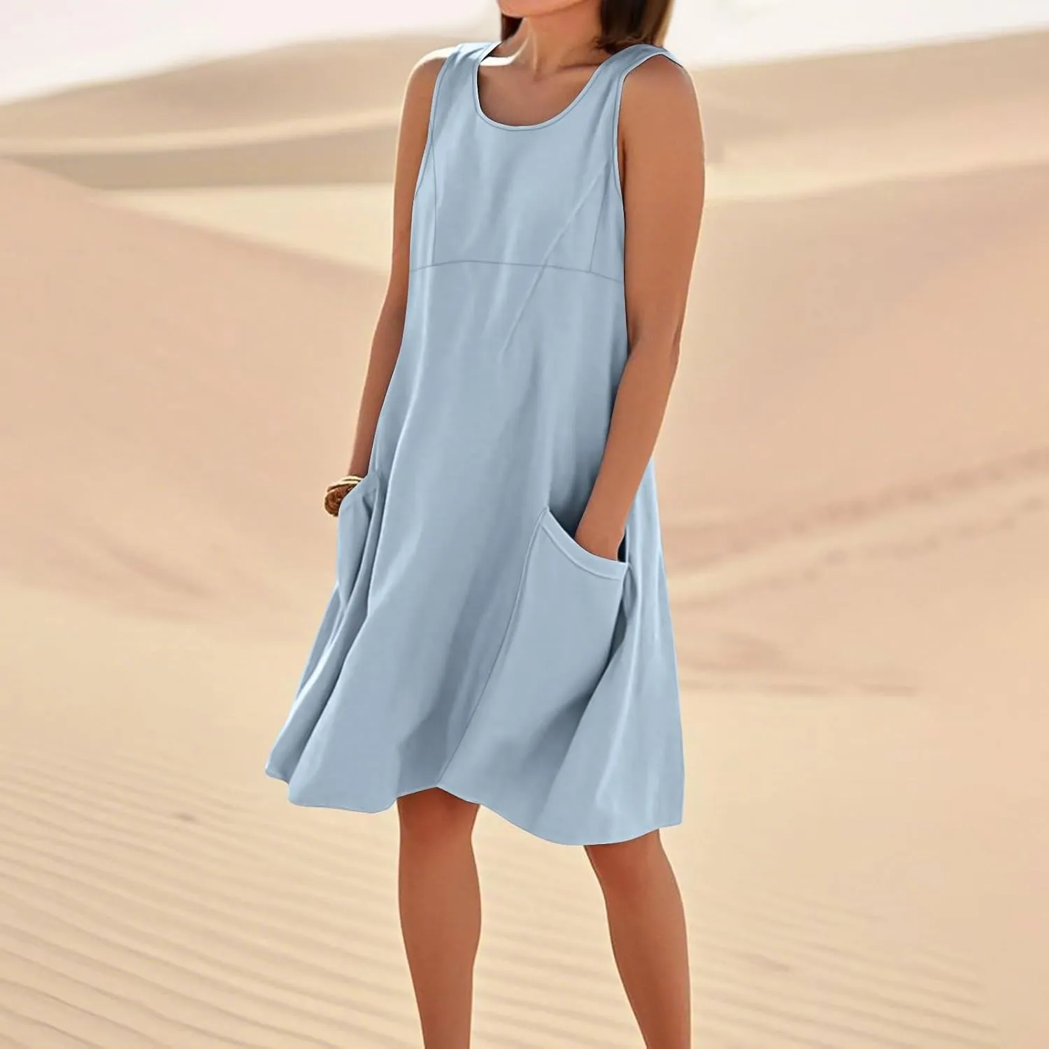 hlysgo Mini Dresses for Women 2025 Summer Sleeveless Cotton Linen Beach Dress Casual Loose Fit Coverup Sundress with Pockets