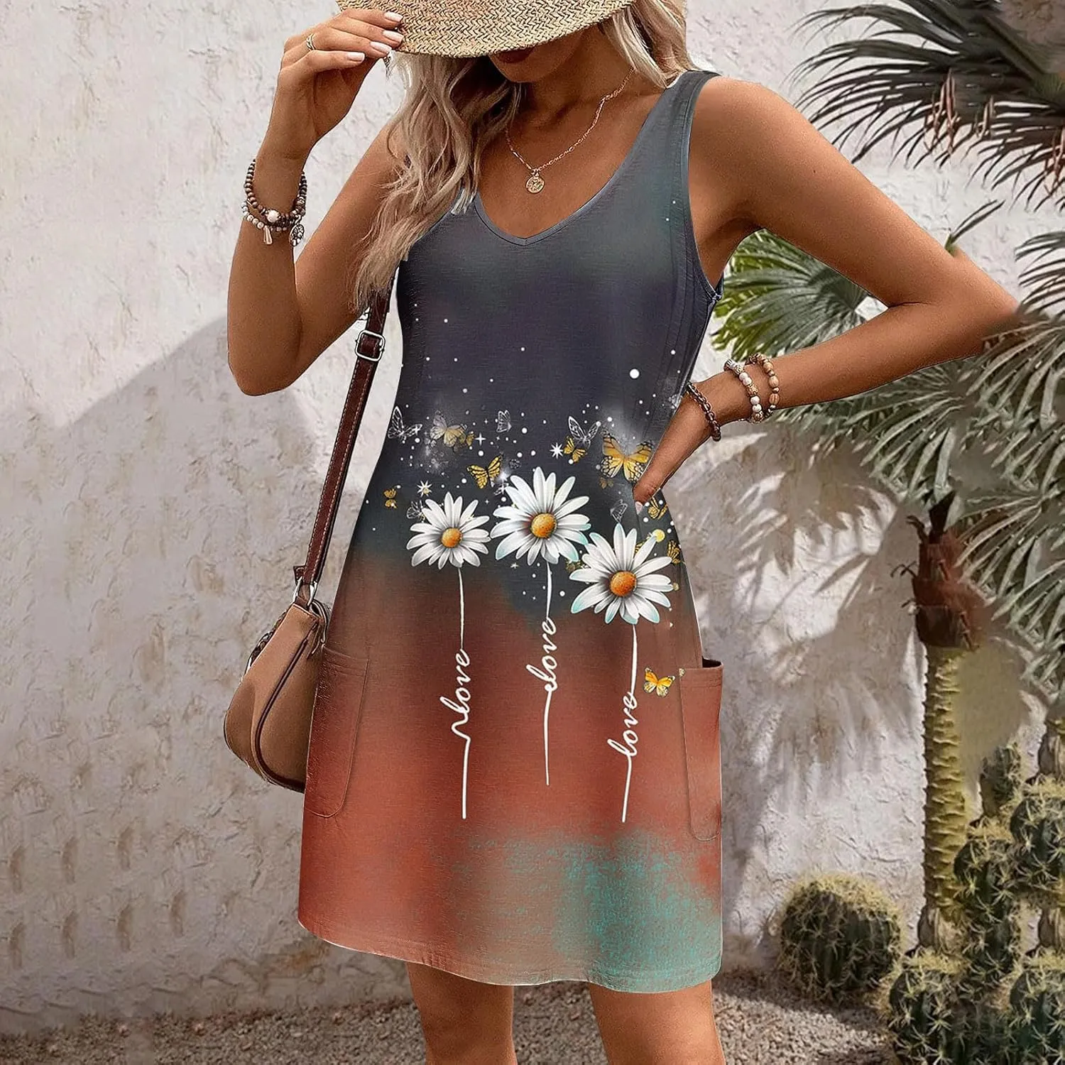 hlysgo Sundresses for Women 2025 Summer Loose Beach Coverup Casual Dresses Trendy Floral Print Sleeveless V Neck Midi Dress