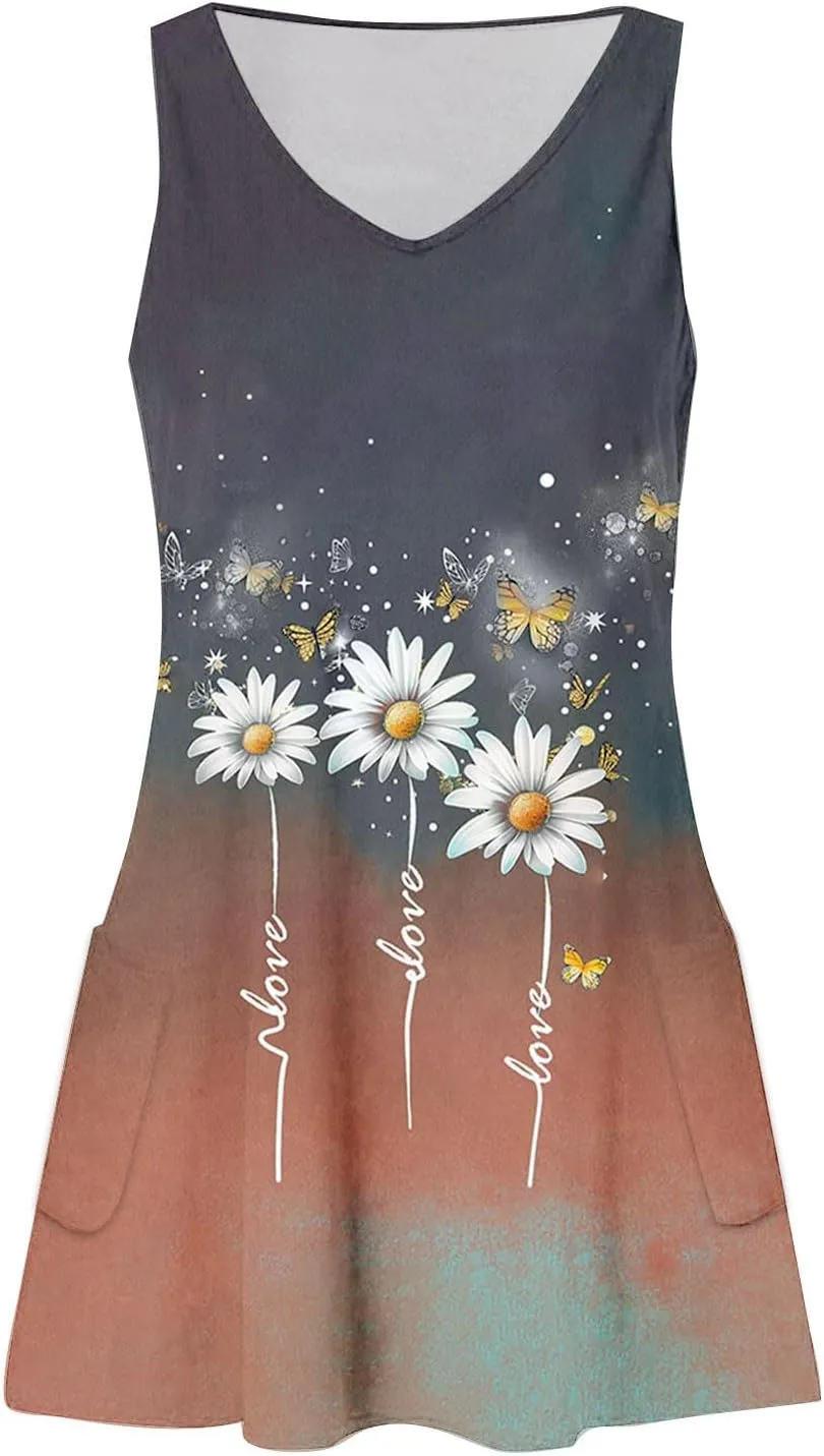 hlysgo Sundresses for Women 2025 Summer Loose Beach Coverup Casual Dresses Trendy Floral Print Sleeveless V Neck Midi Dress