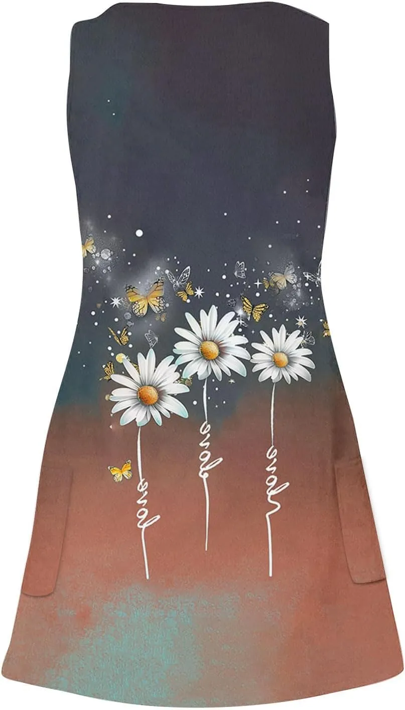 hlysgo Sundresses for Women 2025 Summer Loose Beach Coverup Casual Dresses Trendy Floral Print Sleeveless V Neck Midi Dress