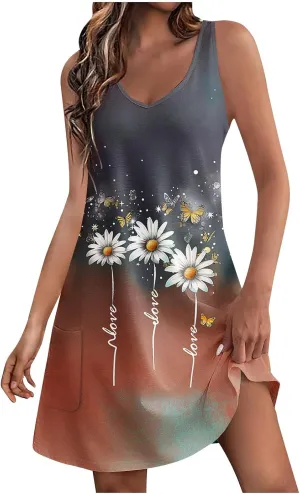 hlysgo Sundresses for Women 2025 Summer Loose Beach Coverup Casual Dresses Trendy Floral Print Sleeveless V Neck Midi Dress