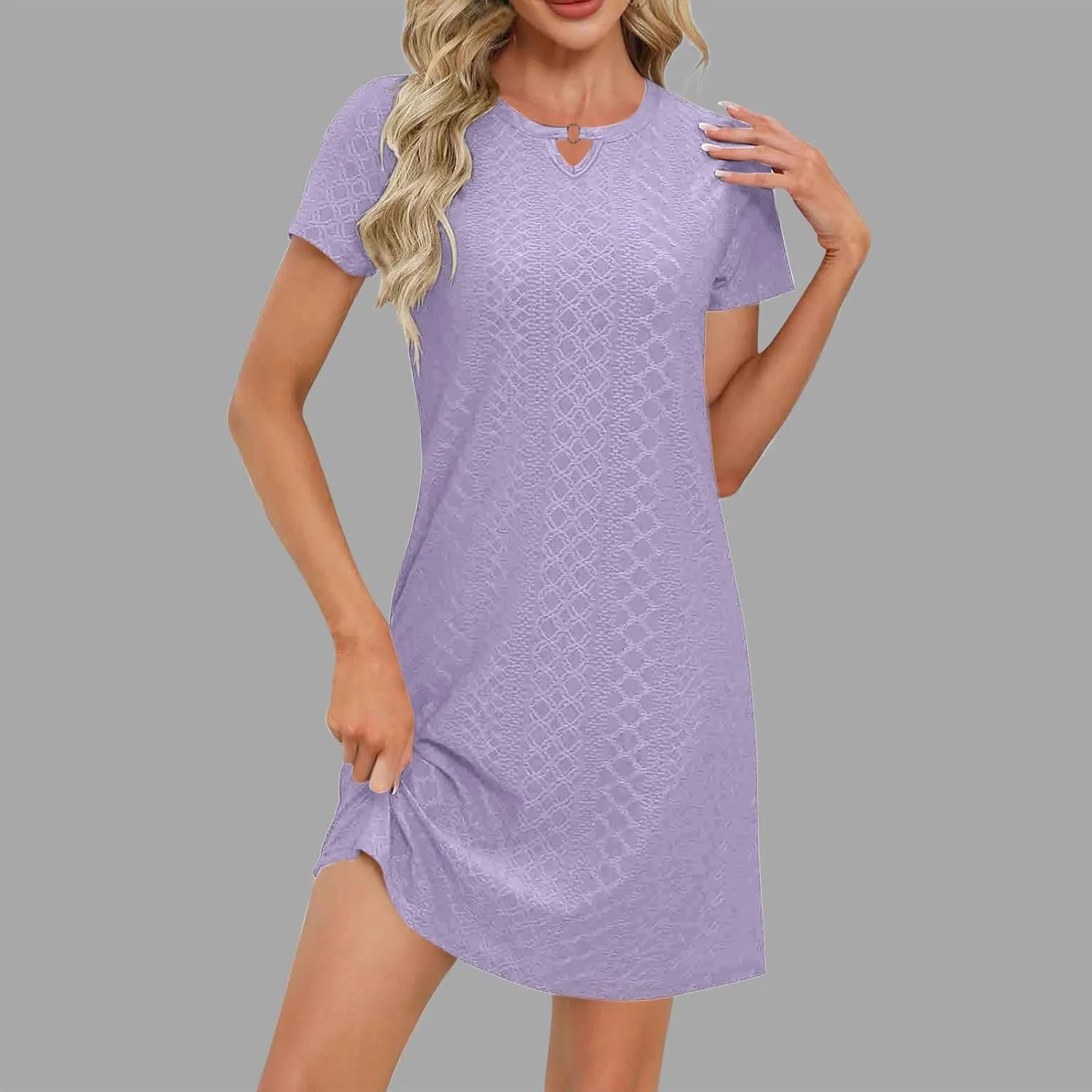 hlysgo Women Coverup Dress 2025 Summer Eyelet Short Sleeve Keyhole Neck Mini Dress Casual Loose Fit A-Line Beach Dresses