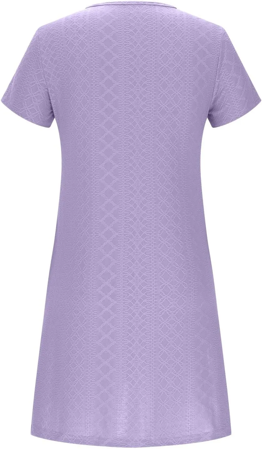 hlysgo Women Coverup Dress 2025 Summer Eyelet Short Sleeve Keyhole Neck Mini Dress Casual Loose Fit A-Line Beach Dresses