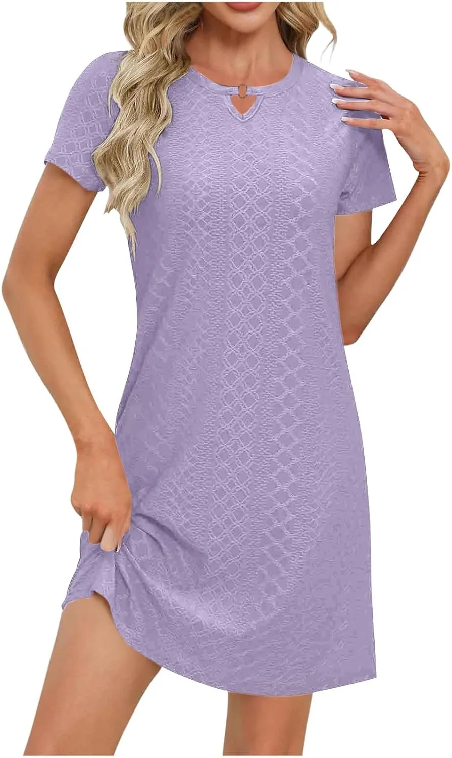 hlysgo Women Coverup Dress 2025 Summer Eyelet Short Sleeve Keyhole Neck Mini Dress Casual Loose Fit A-Line Beach Dresses
