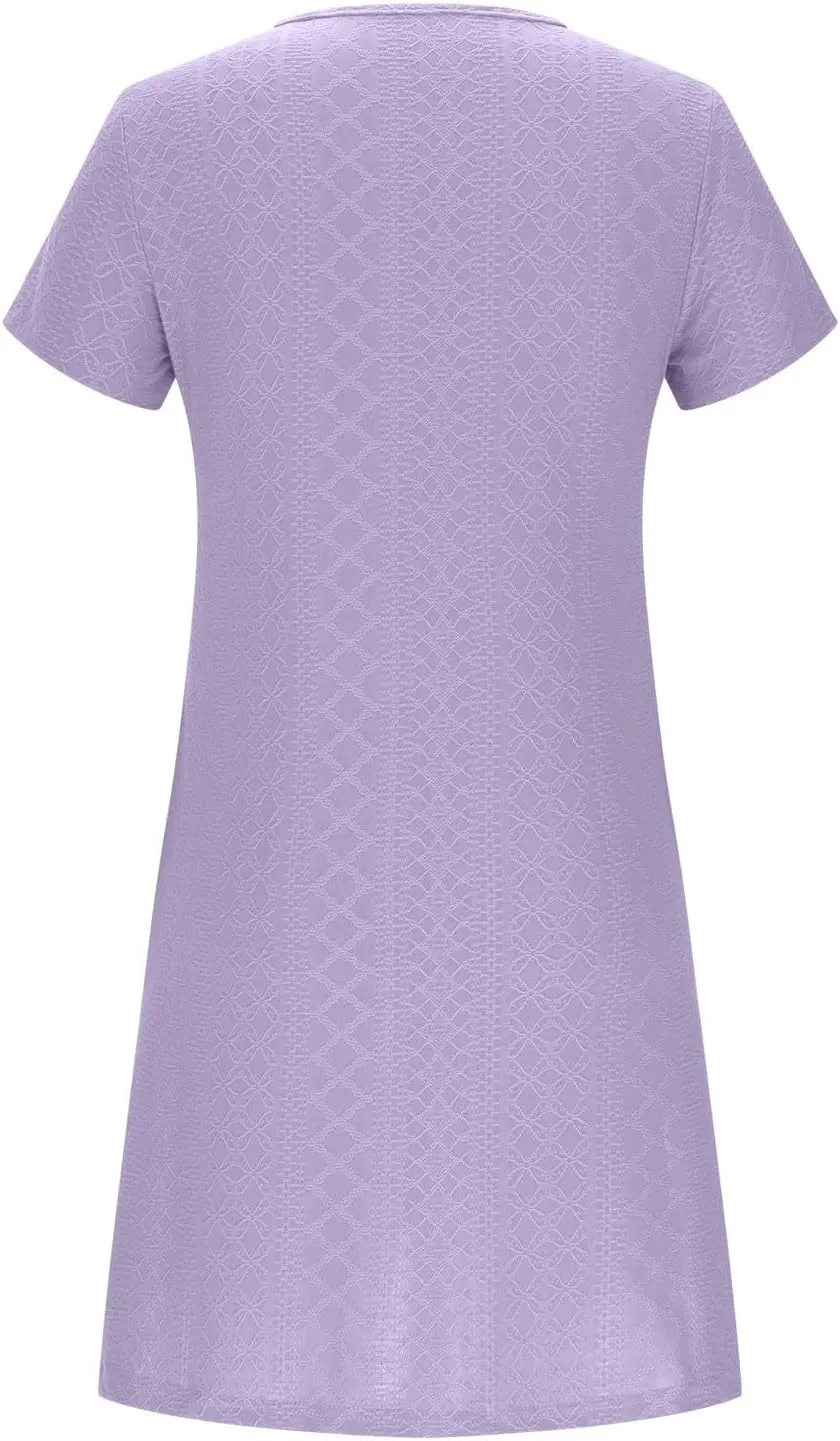 hlysgo Women Coverup Dress 2025 Summer Eyelet Short Sleeve Keyhole Neck Mini Dress Casual Loose Fit A-Line Beach Dresses