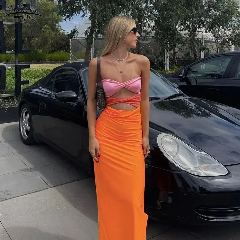 Hnzxzm Hollow Out Sleeveless Backless Summer Beach Dresses Party Club Midi 2024 Patchwork Y2K Strapless Bodycon Dress Sexy Women