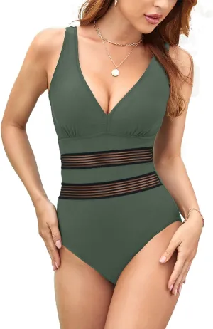 Husmeu Women's Tummy Control One Piece Swimsuits V Neck Mesh Monokini Swimwear Slimming Bathing Suit Plus Size
