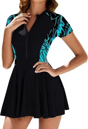 IMEKIS Women's Rash Guard Swimdress Swimsuit Built-in Shorts Zipper Short Sleeve Surf Bathing Suits