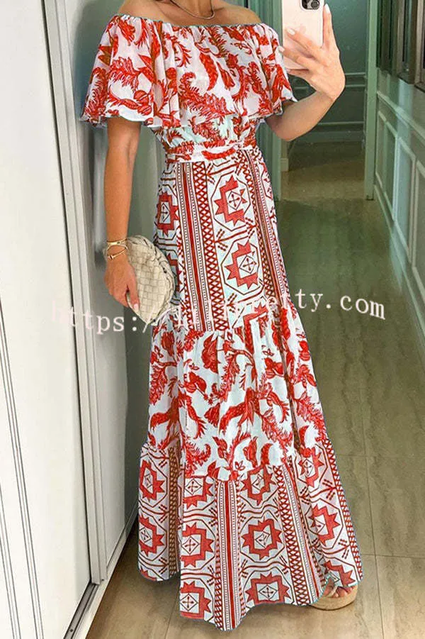 Irene Bohemian Print Off The Shoulder Belted Ruffle Maxi Dress