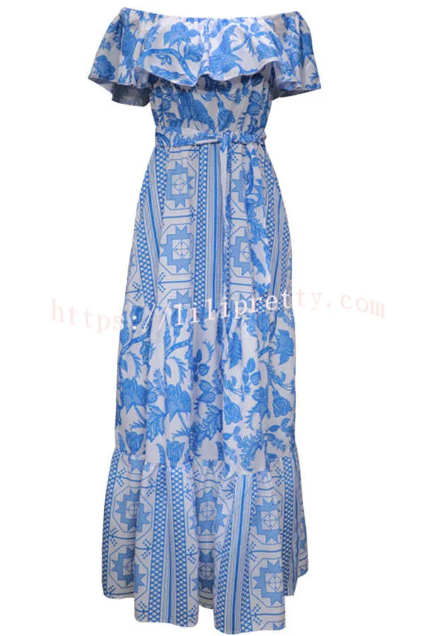 Irene Bohemian Print Off The Shoulder Belted Ruffle Maxi Dress