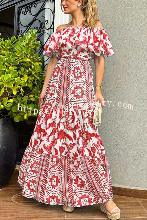 Irene Bohemian Print Off The Shoulder Belted Ruffle Maxi Dress
