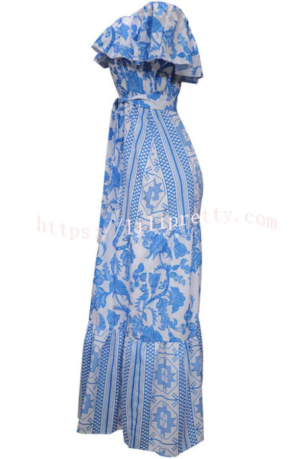 Irene Bohemian Print Off The Shoulder Belted Ruffle Maxi Dress