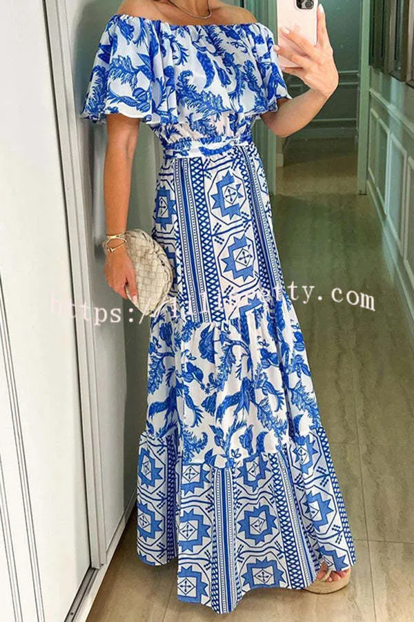 Irene Bohemian Print Off The Shoulder Belted Ruffle Maxi Dress