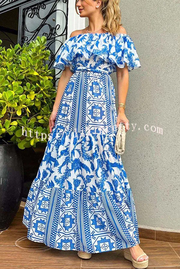 Irene Bohemian Print Off The Shoulder Belted Ruffle Maxi Dress