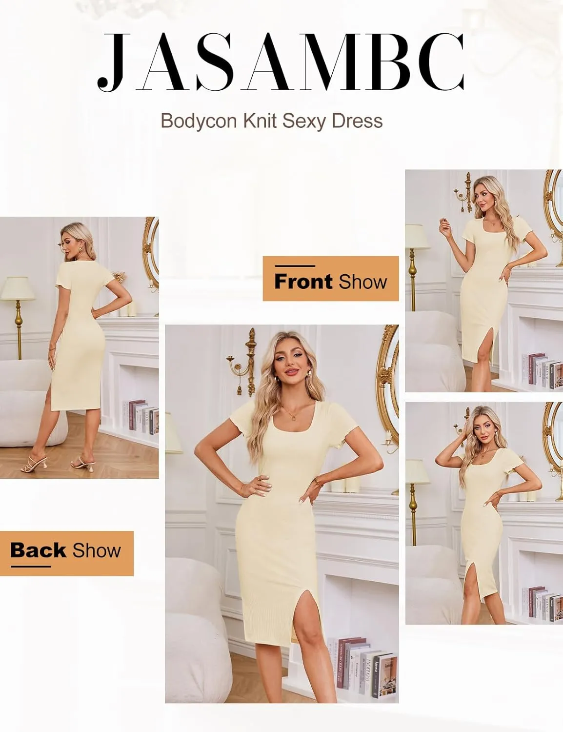 JASAMBAC Women's Ribbed Knit Dresses 2024 Sexy Bodycon Wrap Knit Casual Short Sleeve Sweater Maxi Dress with Side Slit