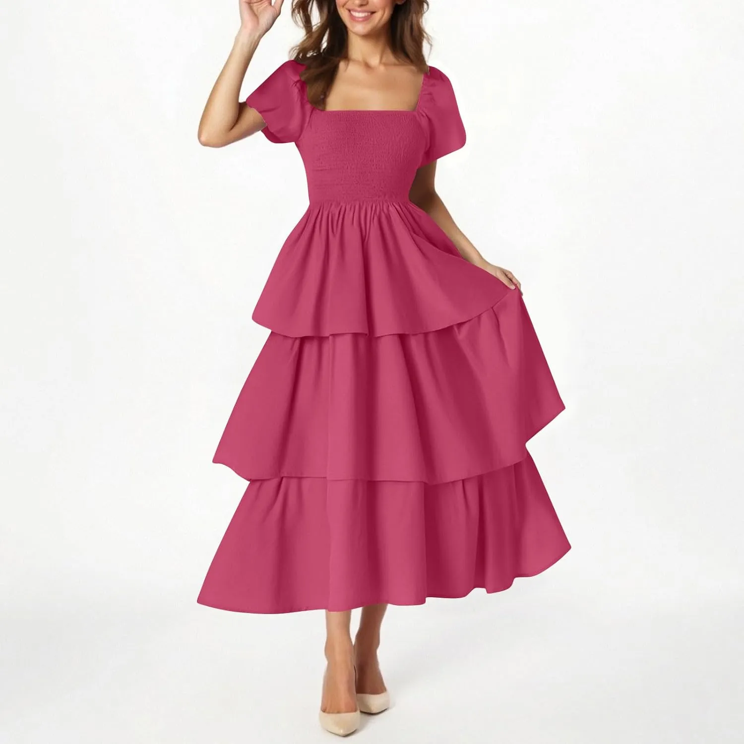JOAU Women's 2025 Summer Boho Maxi Dress Short Puff Sleeve Flowy A Line Tiered Layered Ruffle Beach Vacation Long Dresses