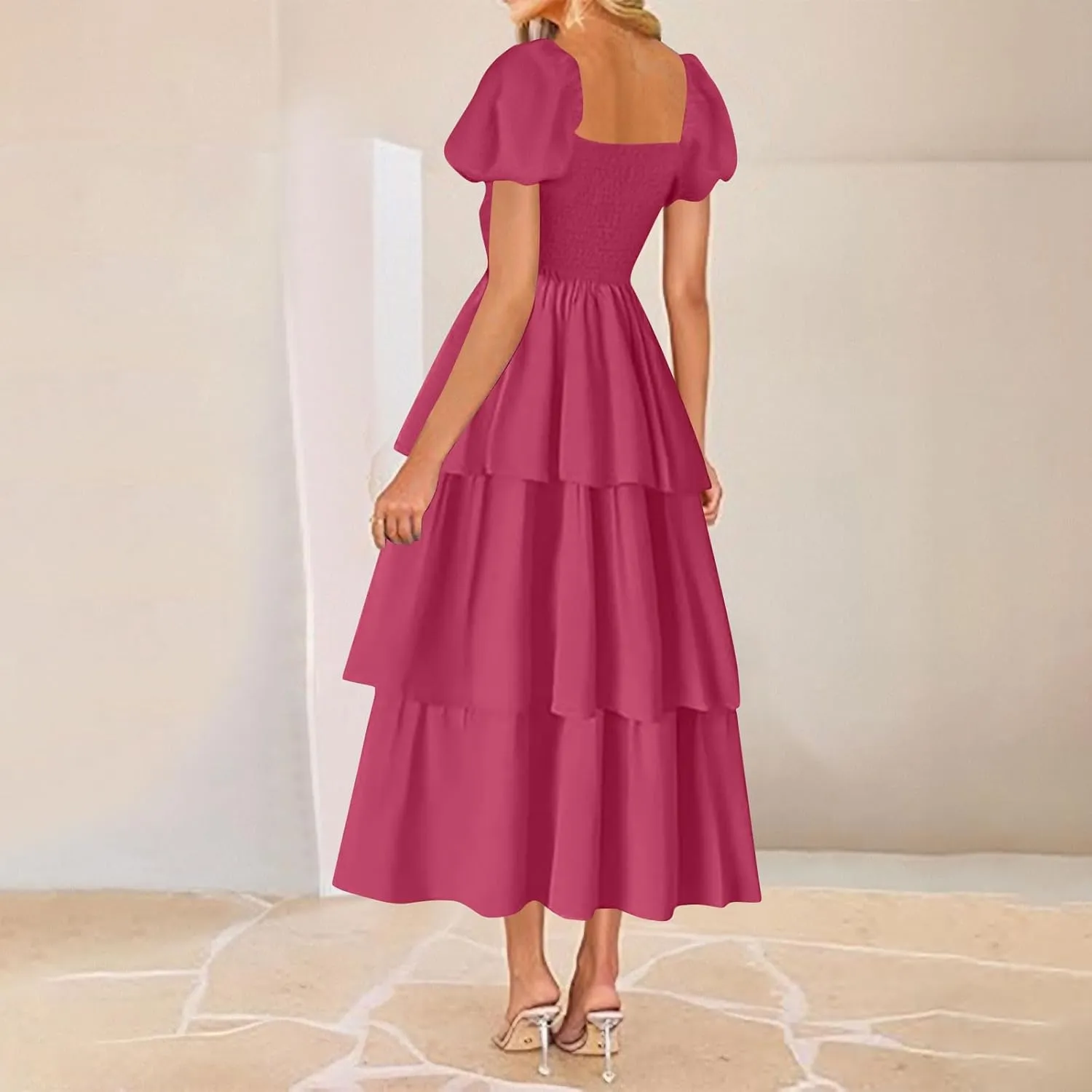 JOAU Women's 2025 Summer Boho Maxi Dress Short Puff Sleeve Flowy A Line Tiered Layered Ruffle Beach Vacation Long Dresses