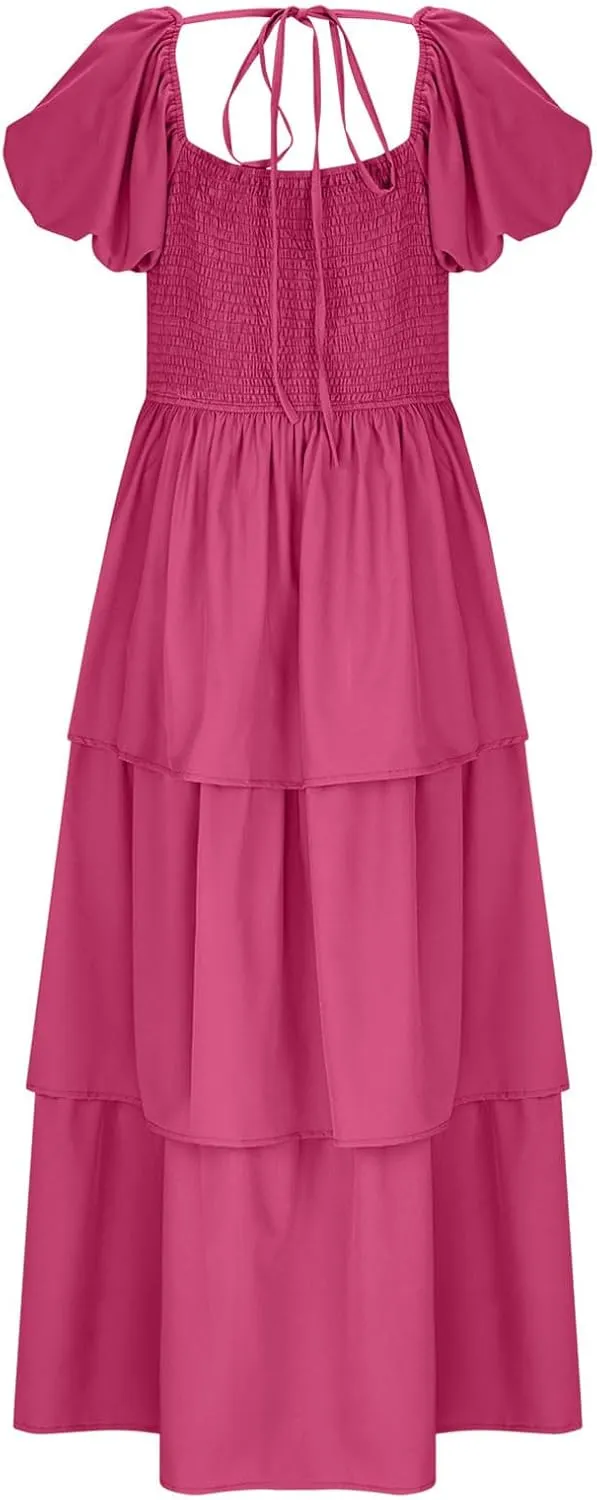 JOAU Women's 2025 Summer Boho Maxi Dress Short Puff Sleeve Flowy A Line Tiered Layered Ruffle Beach Vacation Long Dresses