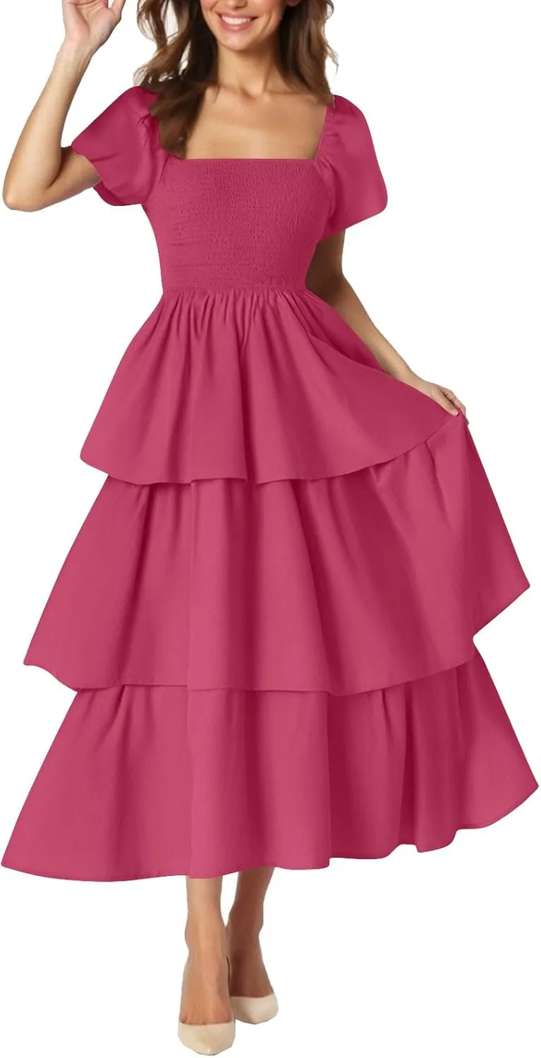 JOAU Women's 2025 Summer Boho Maxi Dress Short Puff Sleeve Flowy A Line Tiered Layered Ruffle Beach Vacation Long Dresses