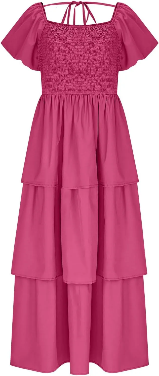 JOAU Women's 2025 Summer Boho Maxi Dress Short Puff Sleeve Flowy A Line Tiered Layered Ruffle Beach Vacation Long Dresses