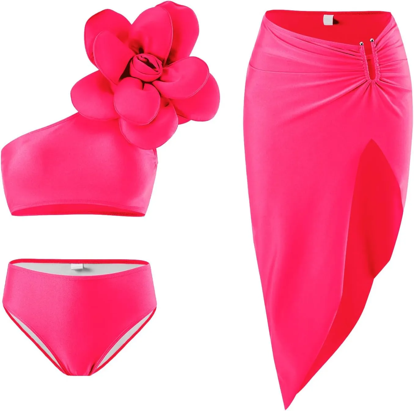JOAU Women's 3 Piece Swimsuit 3D Flower Bikini Set Irregular High Slit Beach Cover Ups Skirt Bathing Suit Bottoms Swimwear