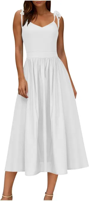 JOAU Women's Sleeveless V-Neck Maxi Dress Casual Summer Tie Spaghetti Strap Backless A-line Pleated Cami Dresses for Vacation