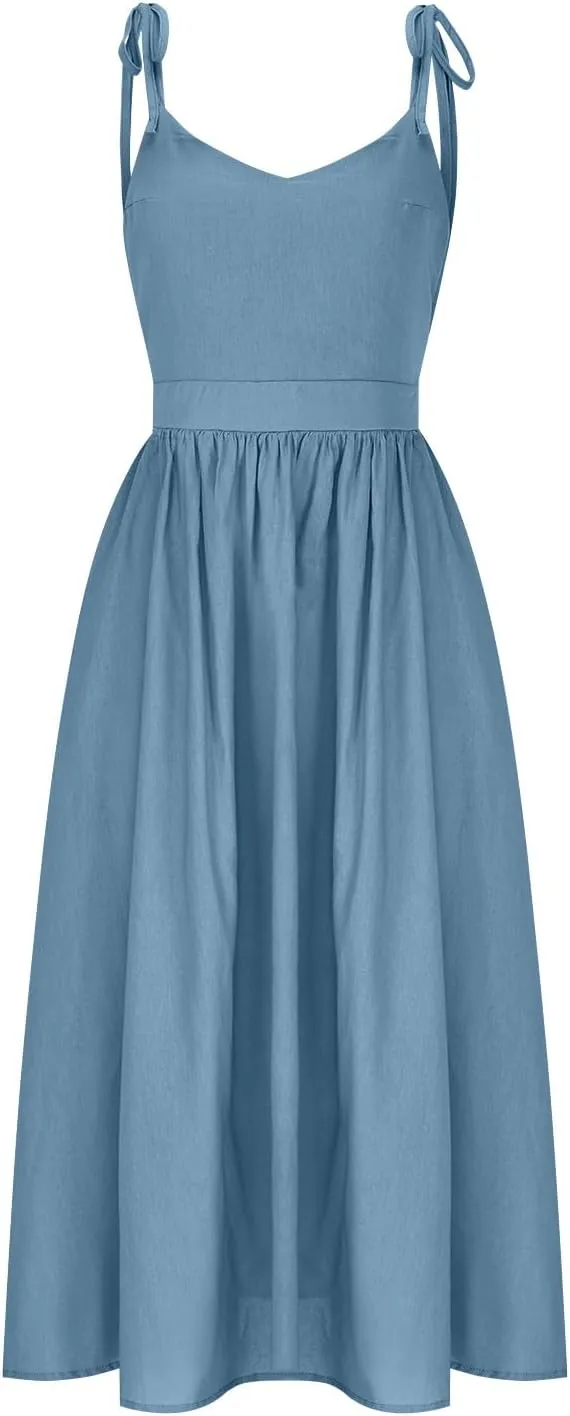 JOAU Women's Sleeveless V-Neck Maxi Dress Casual Summer Tie Spaghetti Strap Backless A-line Pleated Cami Dresses for Vacation