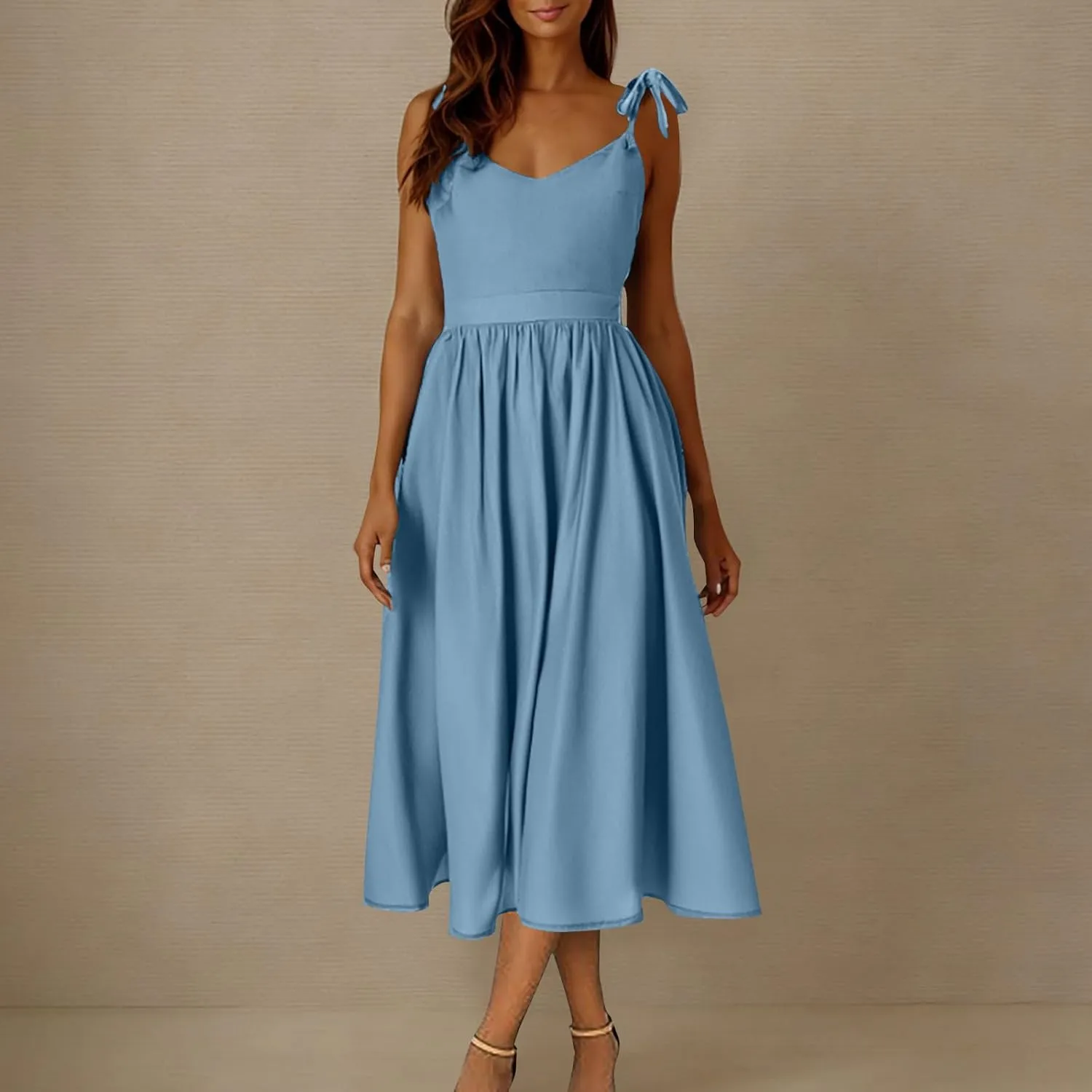 JOAU Women's Sleeveless V-Neck Maxi Dress Casual Summer Tie Spaghetti Strap Backless A-line Pleated Cami Dresses for Vacation