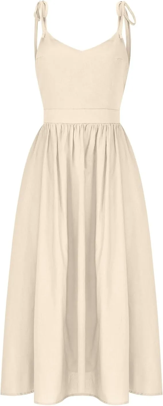 JOAU Women's Sleeveless V-Neck Maxi Dress Casual Summer Tie Spaghetti Strap Backless A-line Pleated Cami Dresses for Vacation