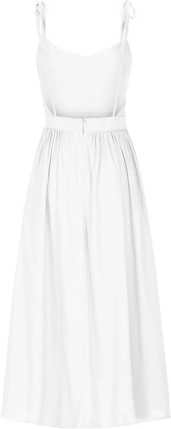 JOAU Women's Sleeveless V-Neck Maxi Dress Casual Summer Tie Spaghetti Strap Backless A-line Pleated Cami Dresses for Vacation