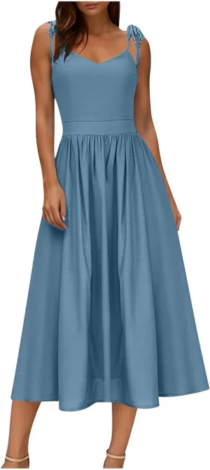 JOAU Women's Sleeveless V-Neck Maxi Dress Casual Summer Tie Spaghetti Strap Backless A-line Pleated Cami Dresses for Vacation