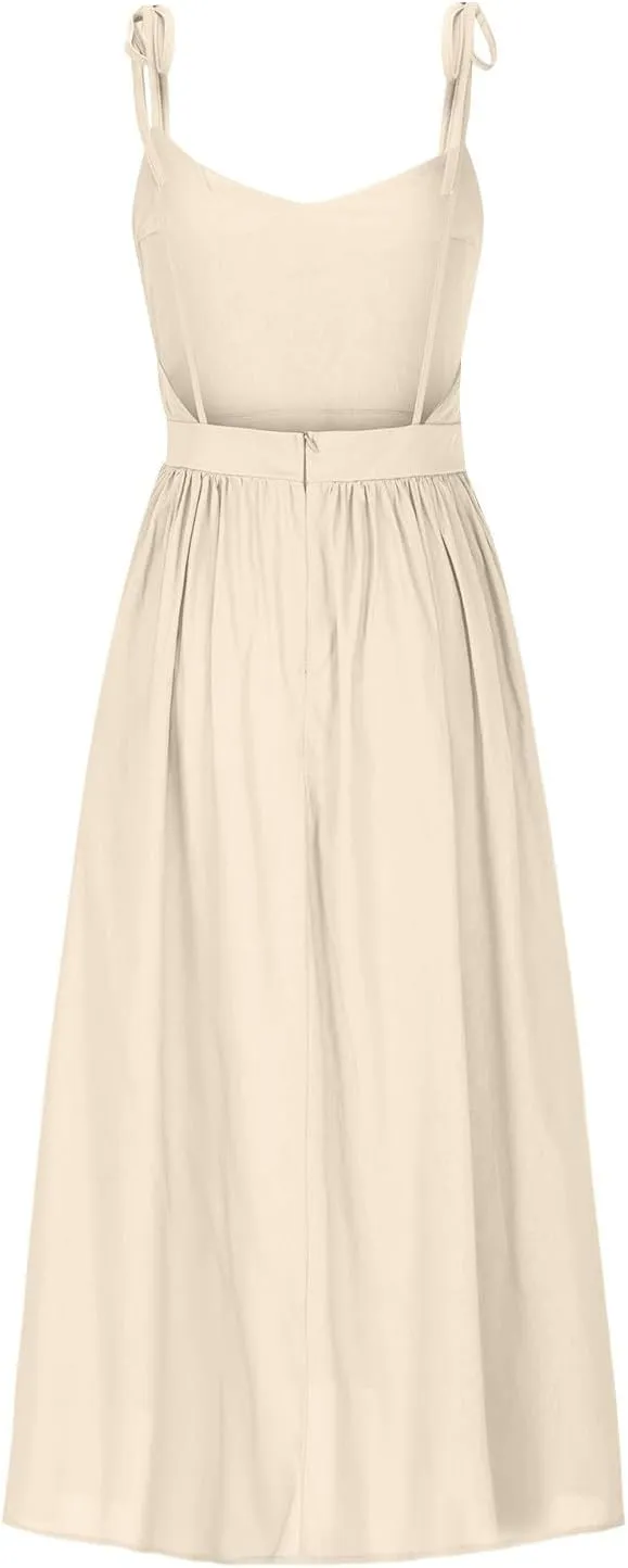 JOAU Women's Sleeveless V-Neck Maxi Dress Casual Summer Tie Spaghetti Strap Backless A-line Pleated Cami Dresses for Vacation