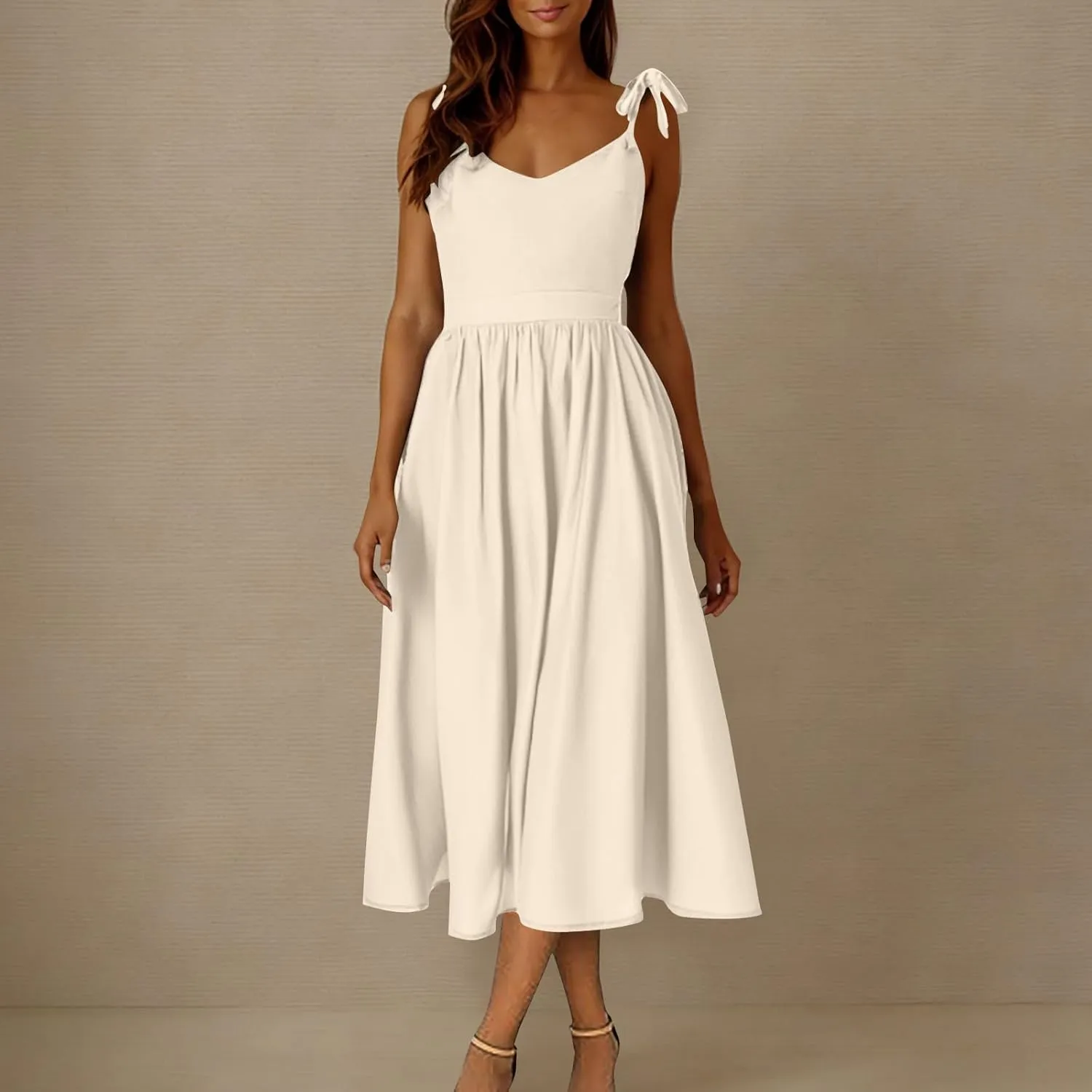 JOAU Women's Sleeveless V-Neck Maxi Dress Casual Summer Tie Spaghetti Strap Backless A-line Pleated Cami Dresses for Vacation