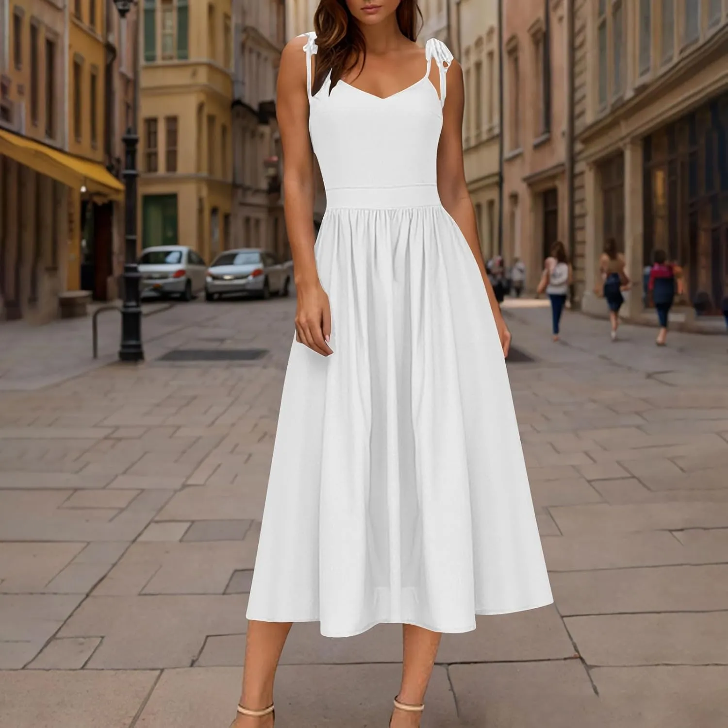 JOAU Women's Sleeveless V-Neck Maxi Dress Casual Summer Tie Spaghetti Strap Backless A-line Pleated Cami Dresses for Vacation