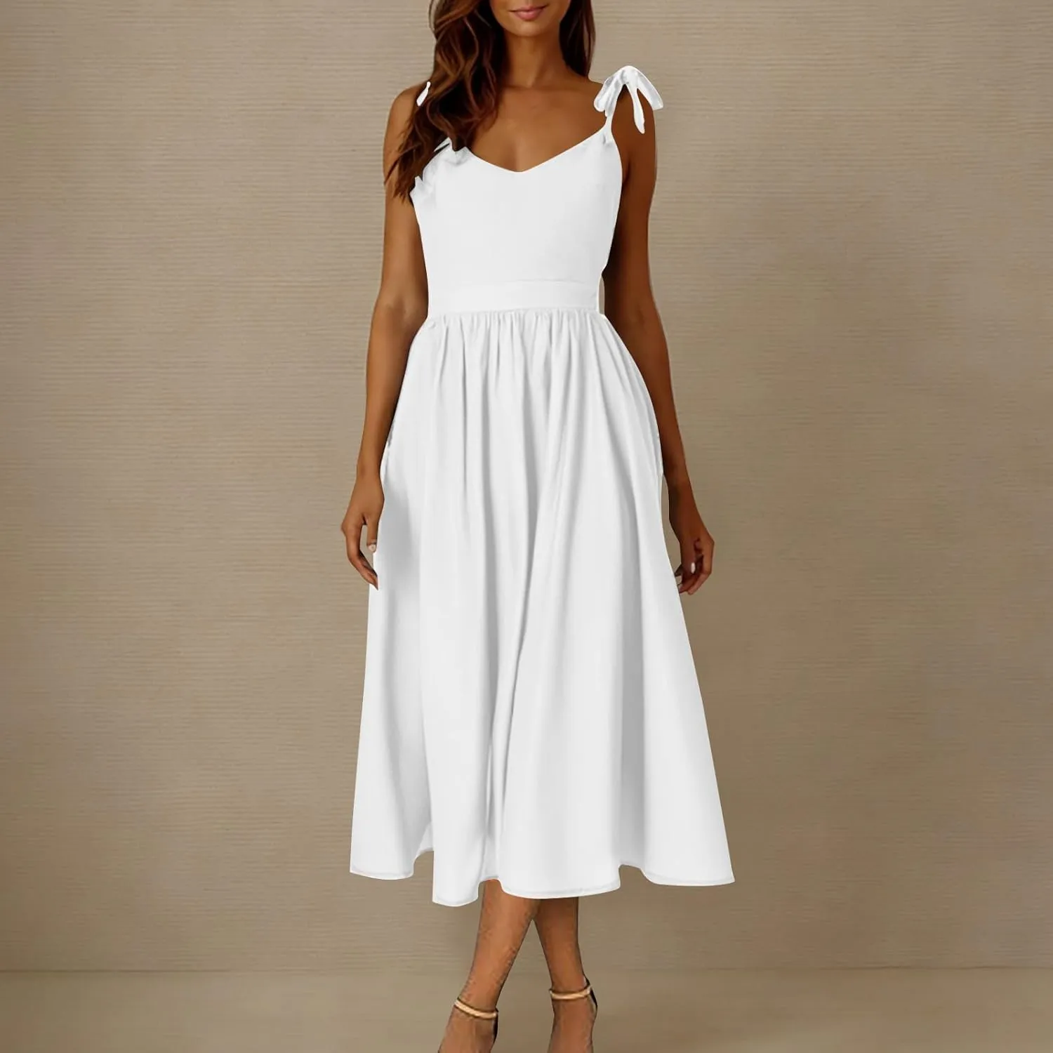 JOAU Women's Sleeveless V-Neck Maxi Dress Casual Summer Tie Spaghetti Strap Backless A-line Pleated Cami Dresses for Vacation