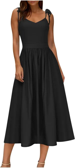 JOAU Women's Sleeveless V-Neck Maxi Dress Casual Summer Tie Spaghetti Strap Backless A-line Pleated Cami Dresses for Vacation