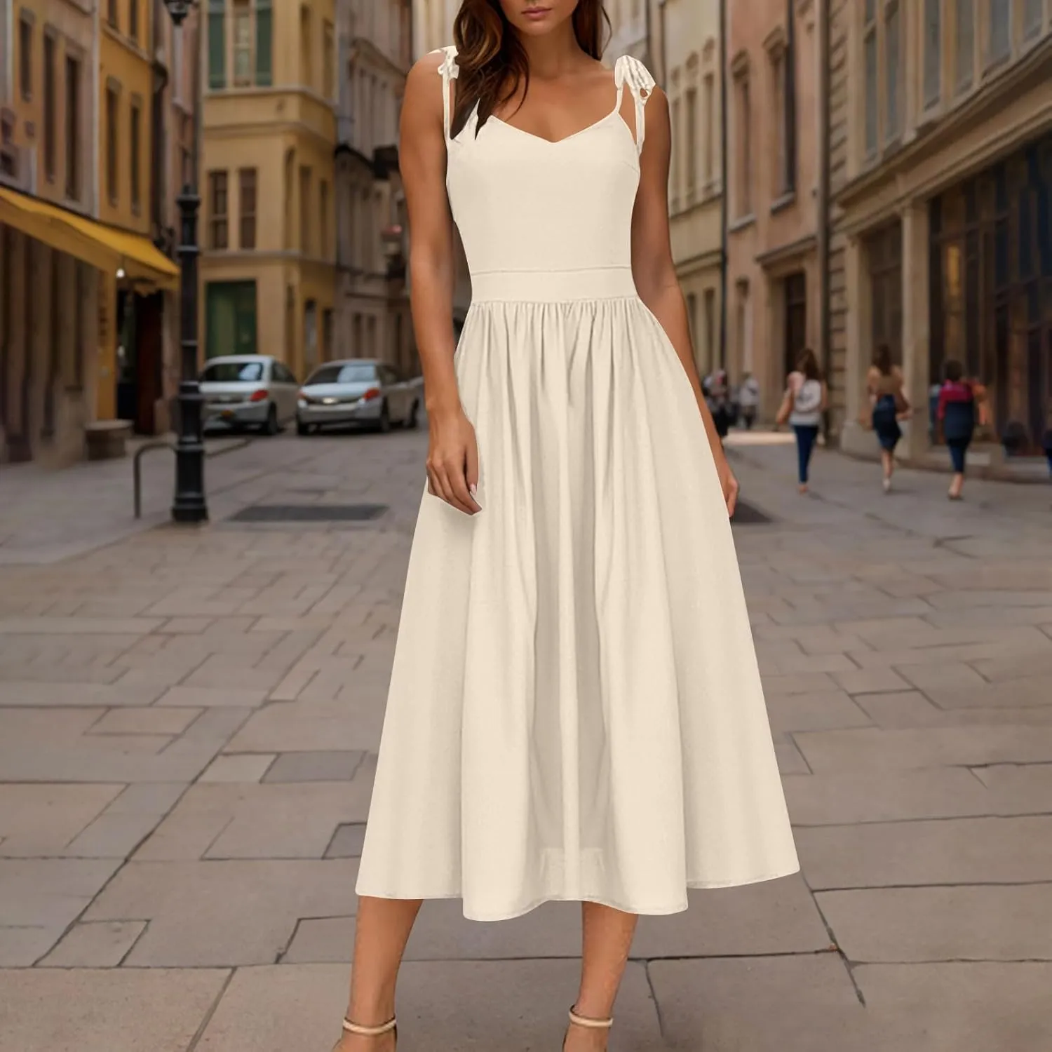 JOAU Women's Sleeveless V-Neck Maxi Dress Casual Summer Tie Spaghetti Strap Backless A-line Pleated Cami Dresses for Vacation