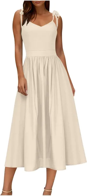 JOAU Women's Sleeveless V-Neck Maxi Dress Casual Summer Tie Spaghetti Strap Backless A-line Pleated Cami Dresses for Vacation
