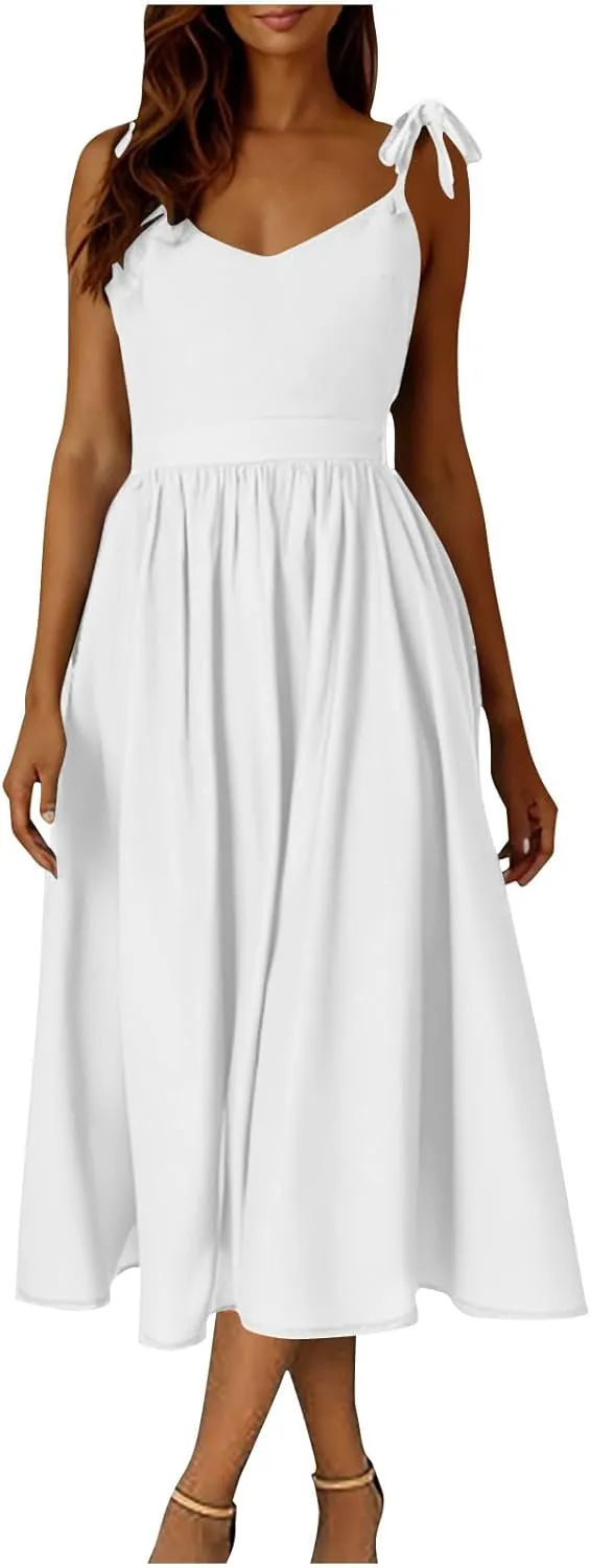 JOAU Women's Sleeveless V-Neck Maxi Dress Casual Summer Tie Spaghetti Strap Backless A-line Pleated Cami Dresses for Vacation