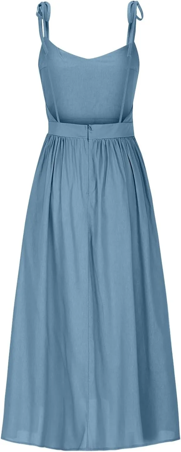 JOAU Women's Sleeveless V-Neck Maxi Dress Casual Summer Tie Spaghetti Strap Backless A-line Pleated Cami Dresses for Vacation