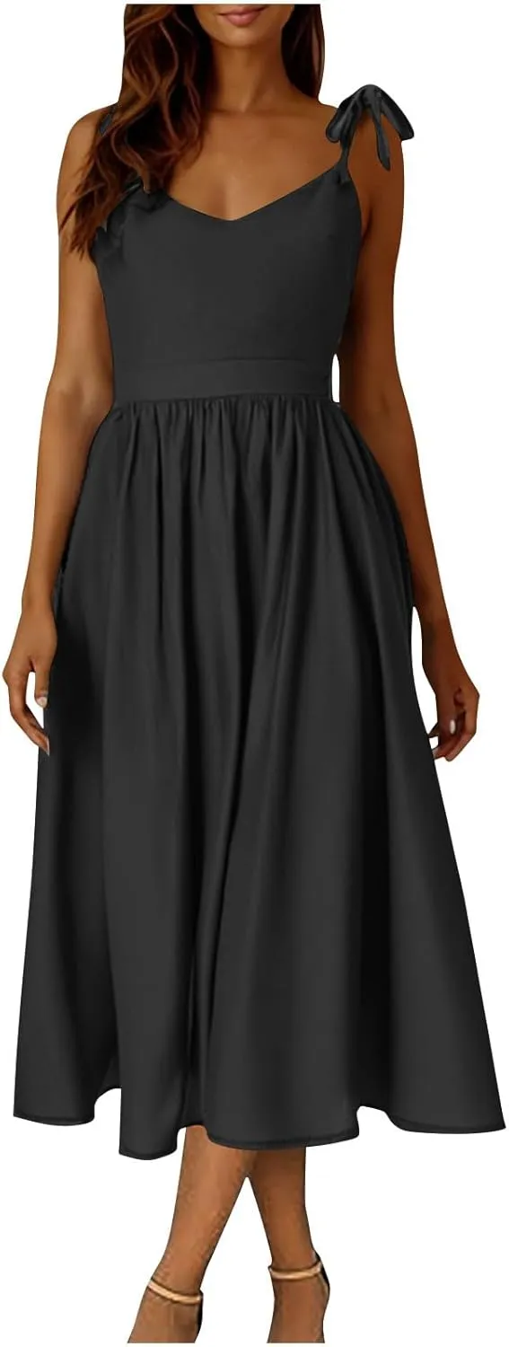 JOAU Women's Sleeveless V-Neck Maxi Dress Casual Summer Tie Spaghetti Strap Backless A-line Pleated Cami Dresses for Vacation